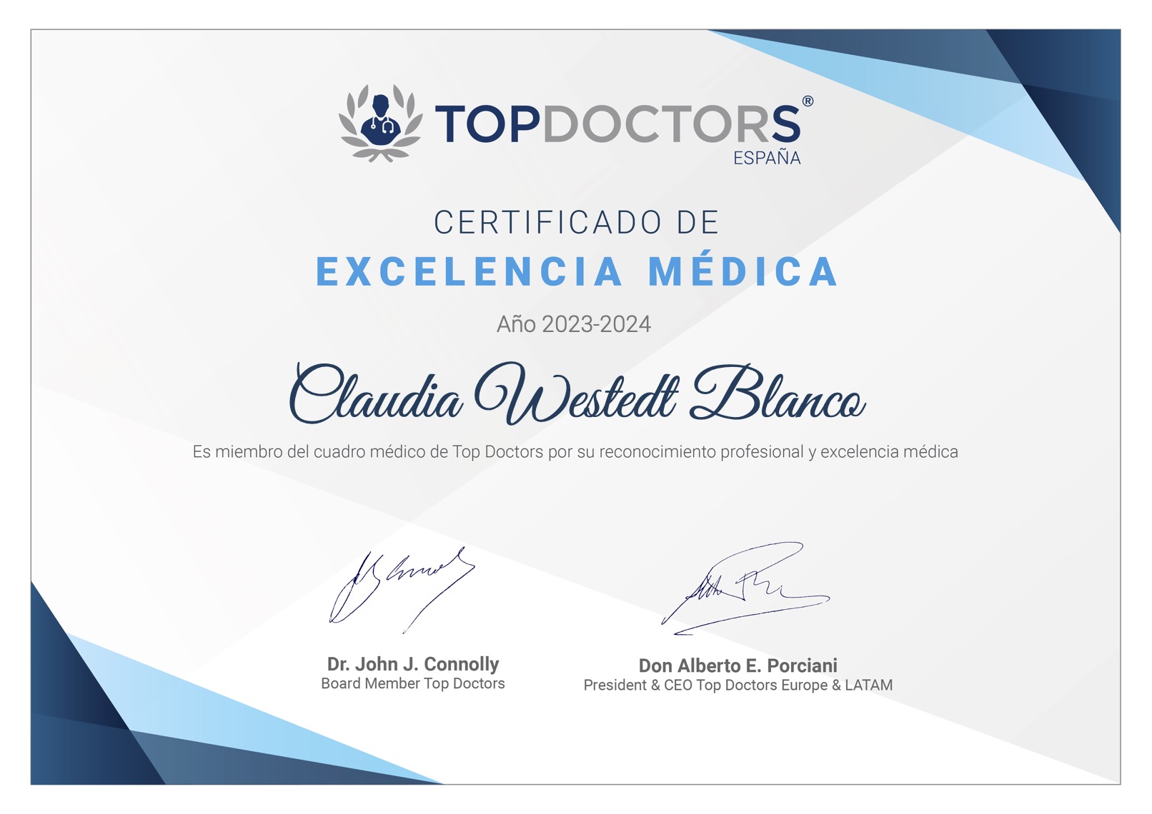 Diploma Claudia Westedt Blanco Top Doctors